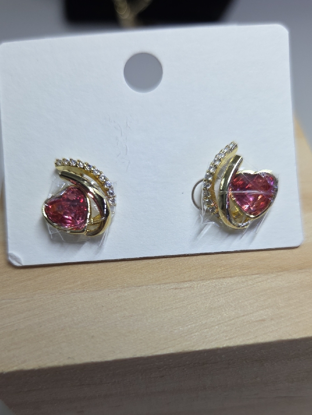 Gold Heart Stud Earrings with Pink Crystals - Women's Jewelry